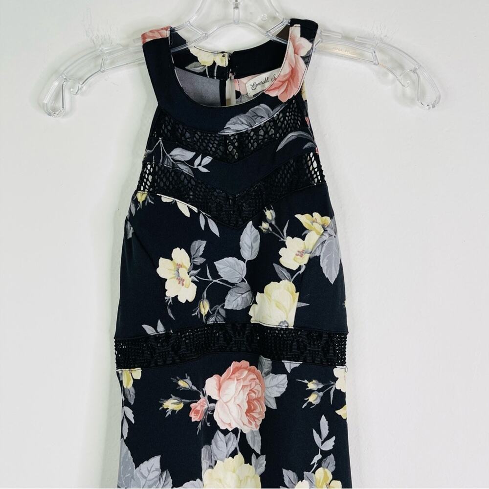 Black cream pink floral stretchy mesh halter evening wedding maxi dress small - Picture 2 of 7